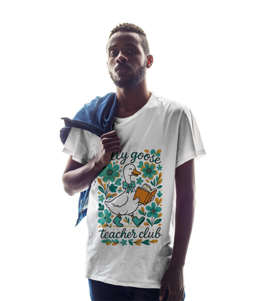 Silly Goose Teacher Club Reading Goose With Flowers And Rain Boots T-Shirt