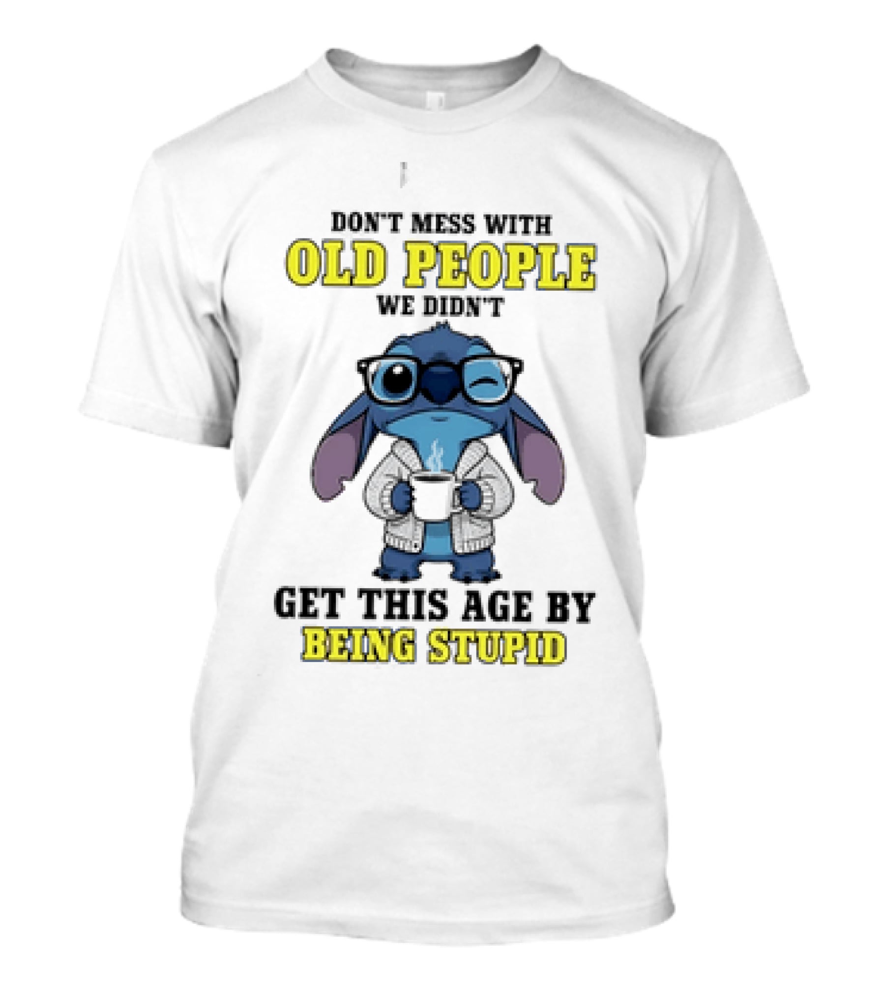 Stitch Don't Mess With Old People Winking Glasses Blue Character Image T-Shirt