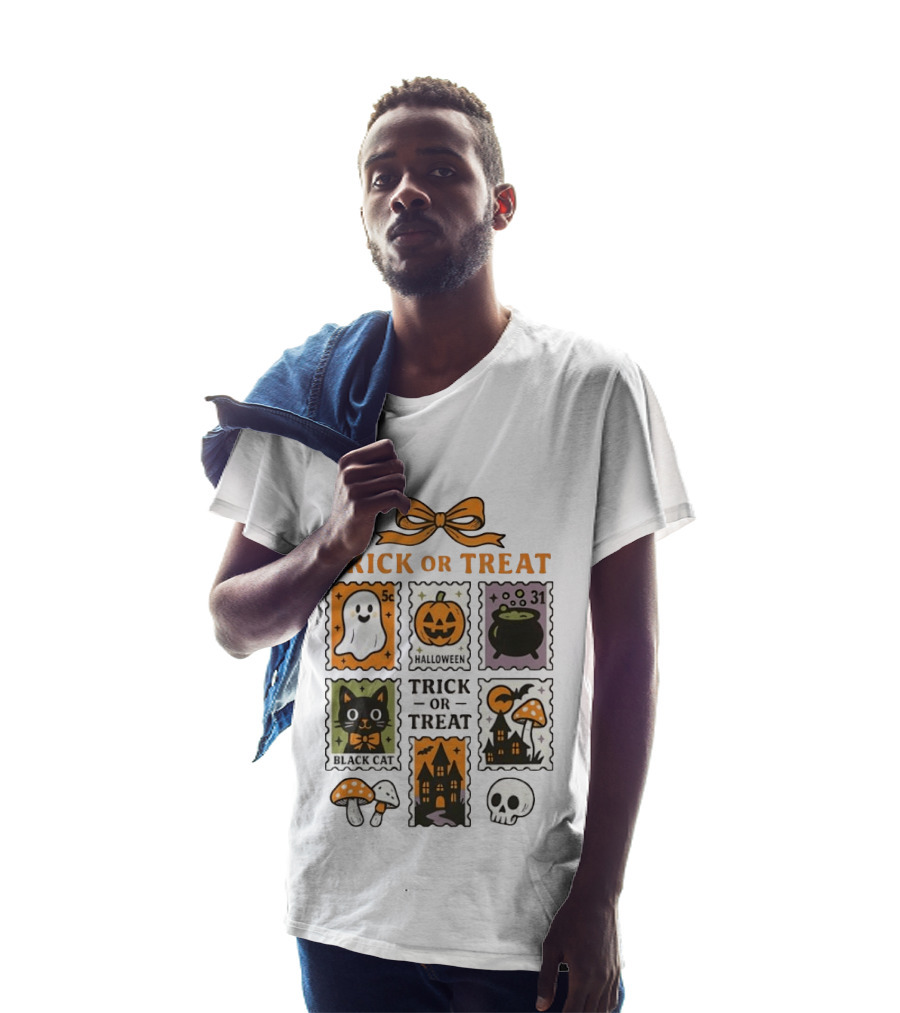 Trick Or Treat Halloween Ghost Pumpkin Cauldron Black Cat Haunted House T-Shirt