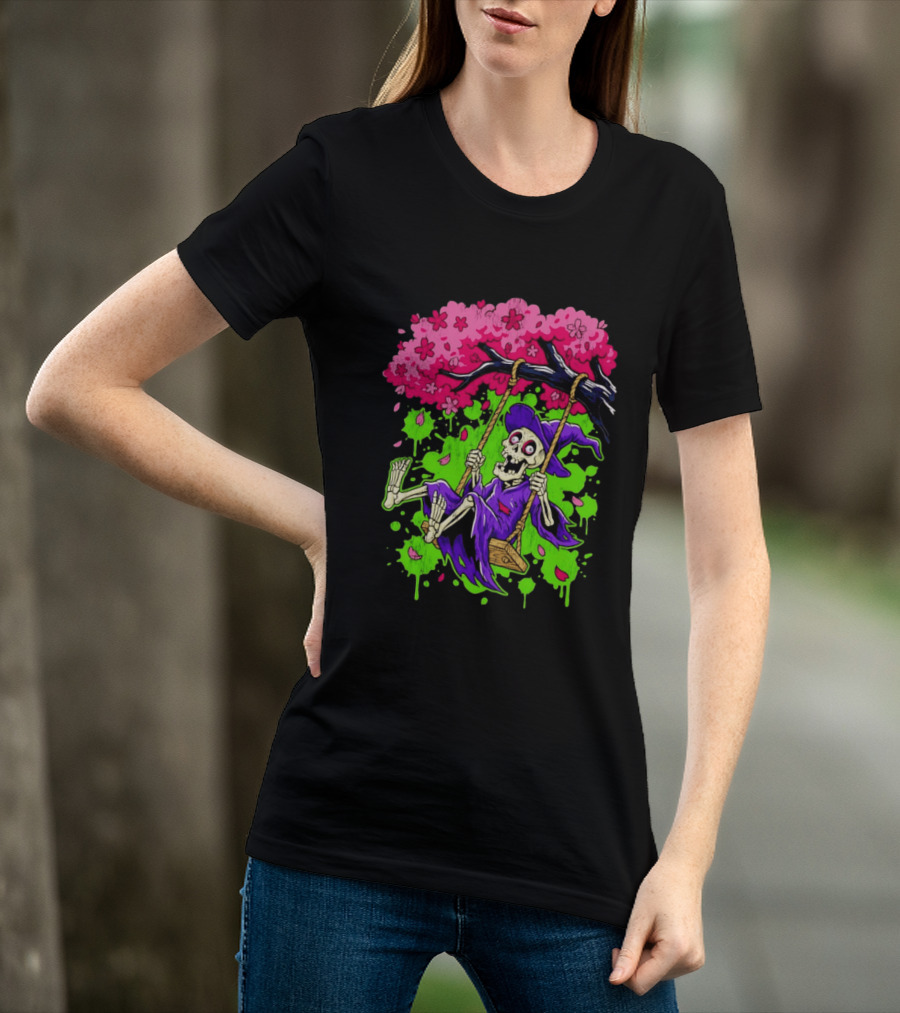 Morbid Whimsy Skeleton Witch Swinging Under Cherry Blossom Tree T-Shirt