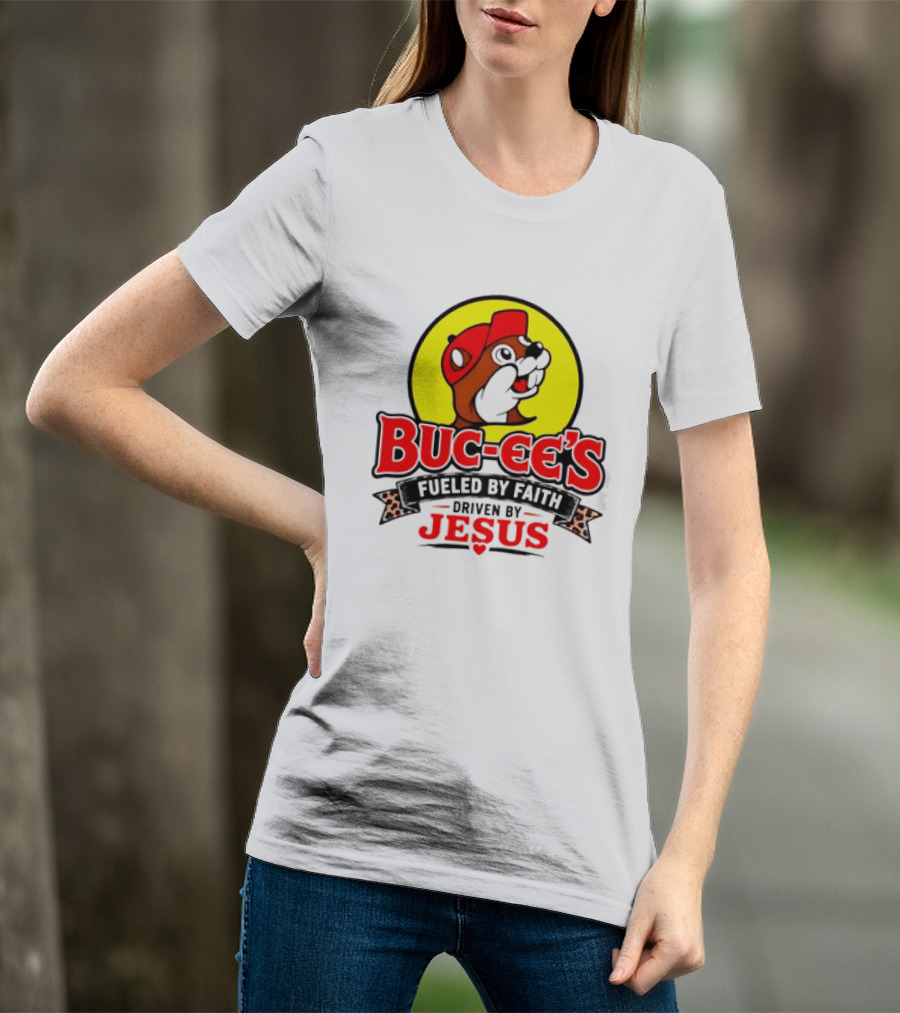 Buc Ee's Fueled By Faith Driven By Jesus Yellow Circle Red Cap T-Shirt