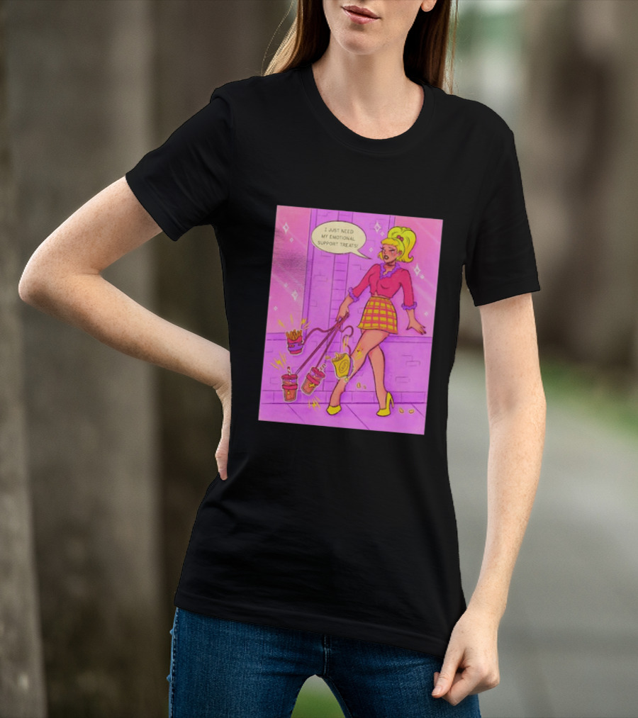 I Just Need My Emotional Support Treats Comic Style Girl With Drinks And Fries T-Shirt