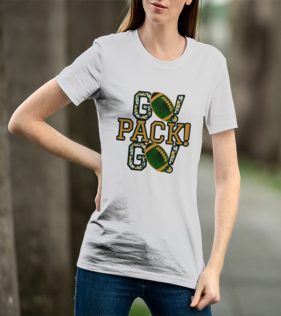 Packers Go Pack Go Football Floral Design With Green And Gold Footballs T-Shirt