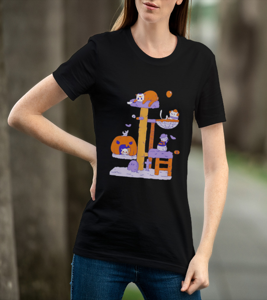 Cat Horror Pumpkin Tree Halloween Cats T-Shirt