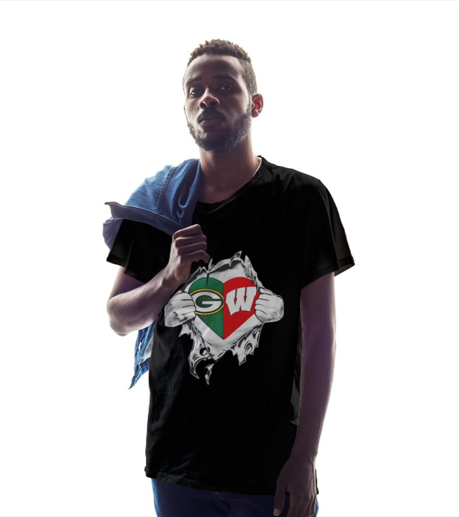 Green Bay Packers Wisconsin Badgers Torn Chest Reveal Heart T-Shirt