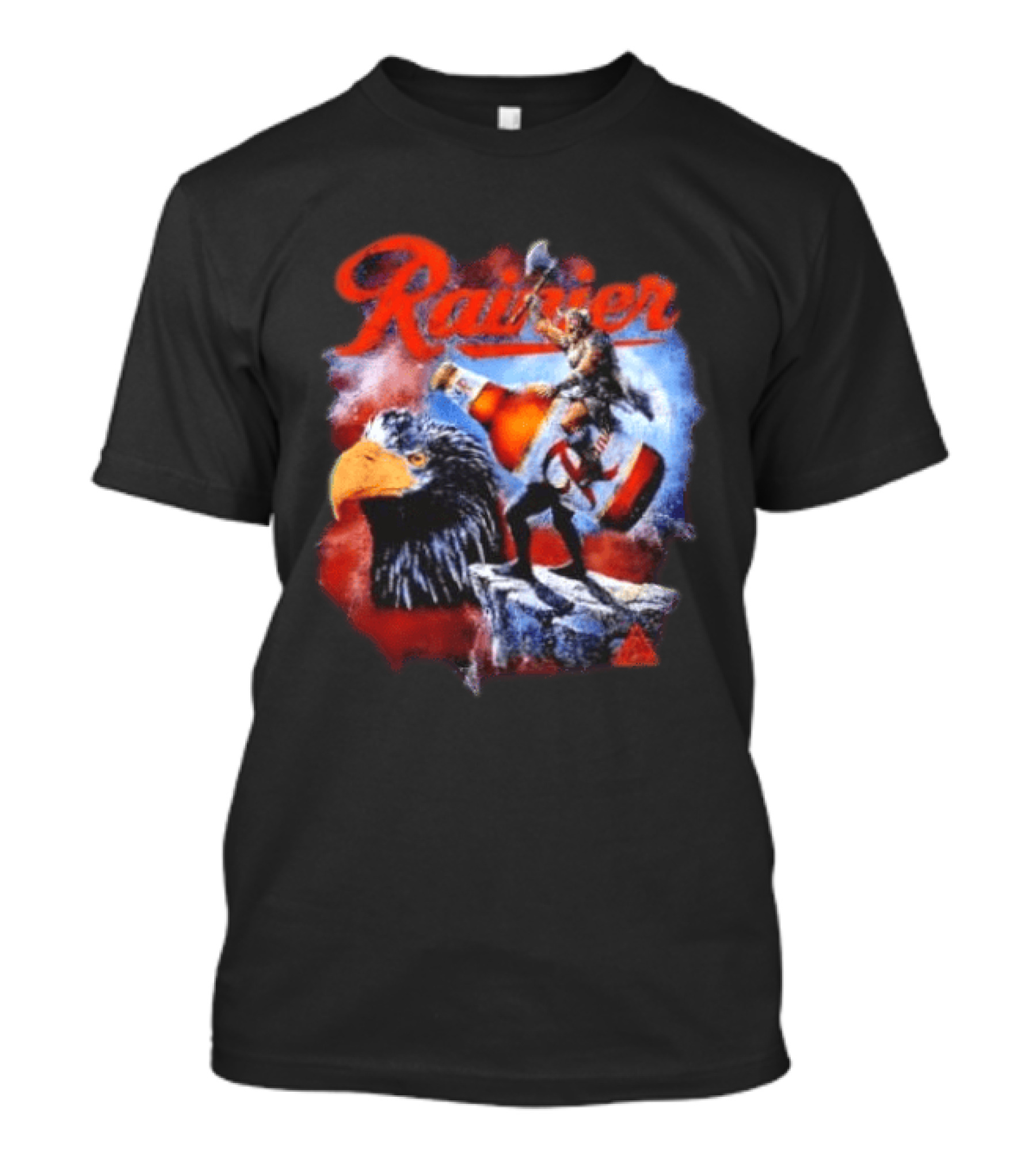 Rainier Beer Viking Holding Beer Riding Eagle On Rock T-Shirt