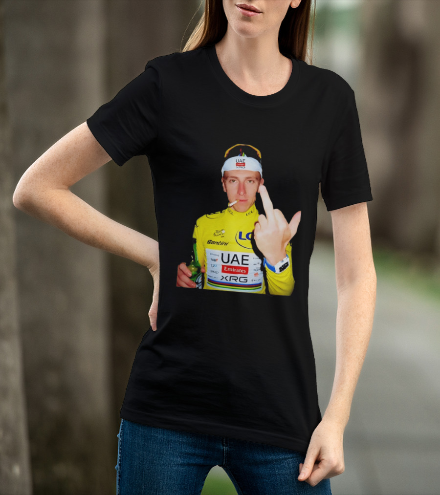 Tadej Pogačar Yellow Jersey Middle Finger Tour De France UAE Emirates LCL Santini T-Shirt