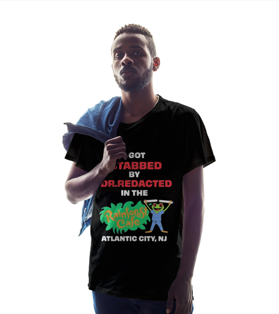 Atlantic City NJ I Got Stabbed By Dr Redacted Rainforest Cafe Frog T-Shirt