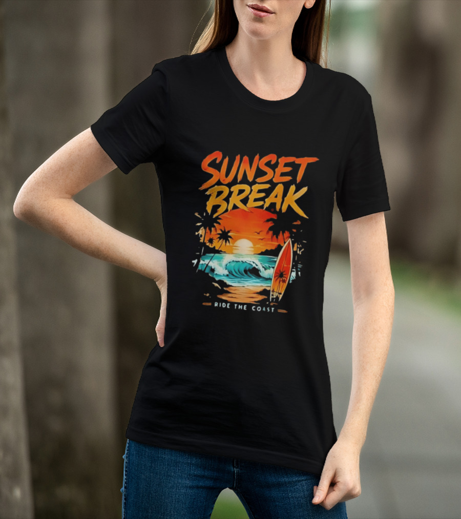 Sunset Break Surfing Ride The Coast Ocean Waves And Surfboard Scene T-Shirt