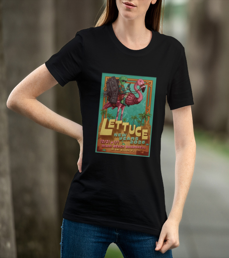 Lettuce New Years 2026 Miami Beach Bandshell Miami Beach FL With Sunglasses Flamingo And Speakers T-Shirt