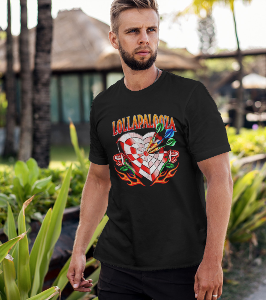 Lollapalooza Heart Dartboard With Roses And Flames T-Shirt
