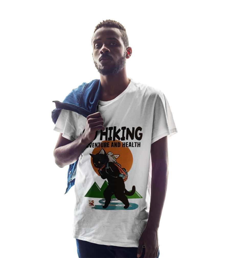 Go Hiking Adventure And Health Black Cat With Backpack And Bird T-Shirt