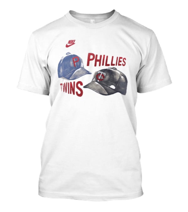 Philadelphia Phillies P Baseball Cap And Minnesota Twins TC Hat Iconic Collaboration With Retro Nike Swoosh T-Shirt