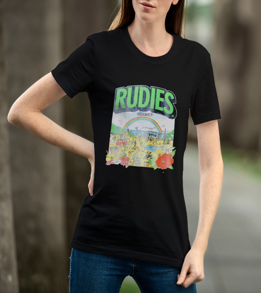 Rudie's 35th Anniversary Local Party Featuring 10 Feet G Freak Factory Dustboz Colorful Celebration With Rainbow And Flowers T-Shirt