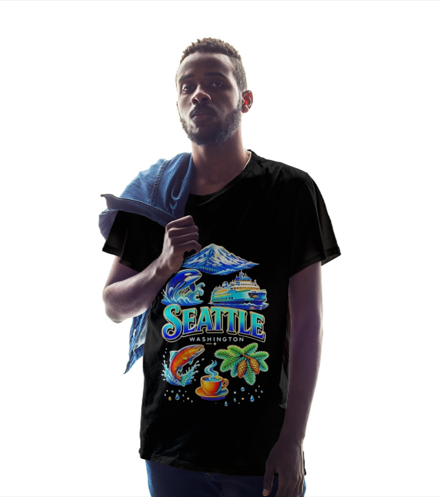 Seattle Washington Orca Whale Ferry Salmon Coffee Pine Cones Mount Rainier T-Shirt