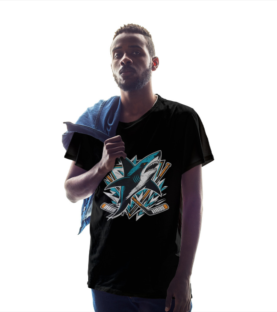 San Jose Sharks Hockey Attack Emblem With Shark And Crossed Hockey Sticks T-Shirt