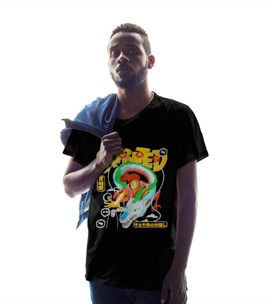 Spirited Away Chihiro Riding Haku Dragon Japanese Text No Face Soot Sprites T-Shirt
