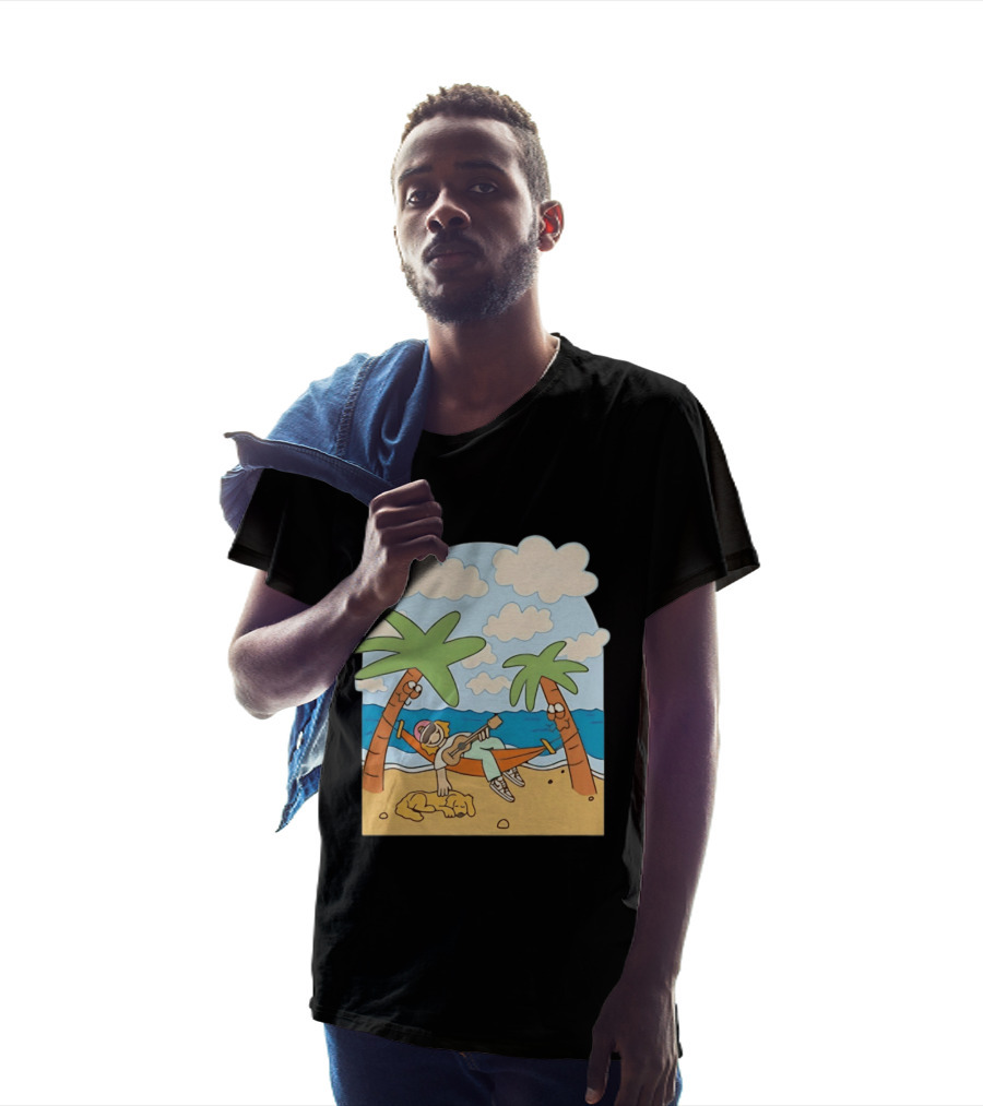 Hammock Guitar Player With Sleeping Dog On Tropical Beach Scene T-Shirt