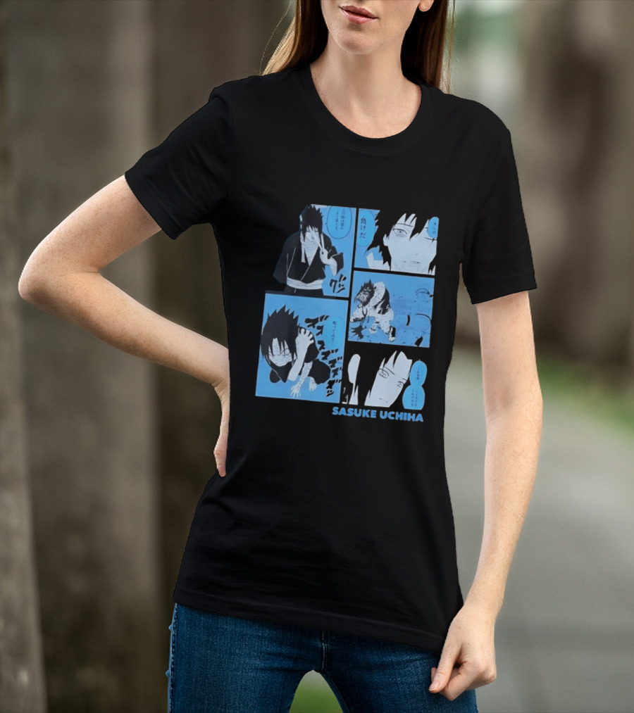 Sasuke Uchiha Cursed Seal Battle Manga Panels Blue Version T-Shirt