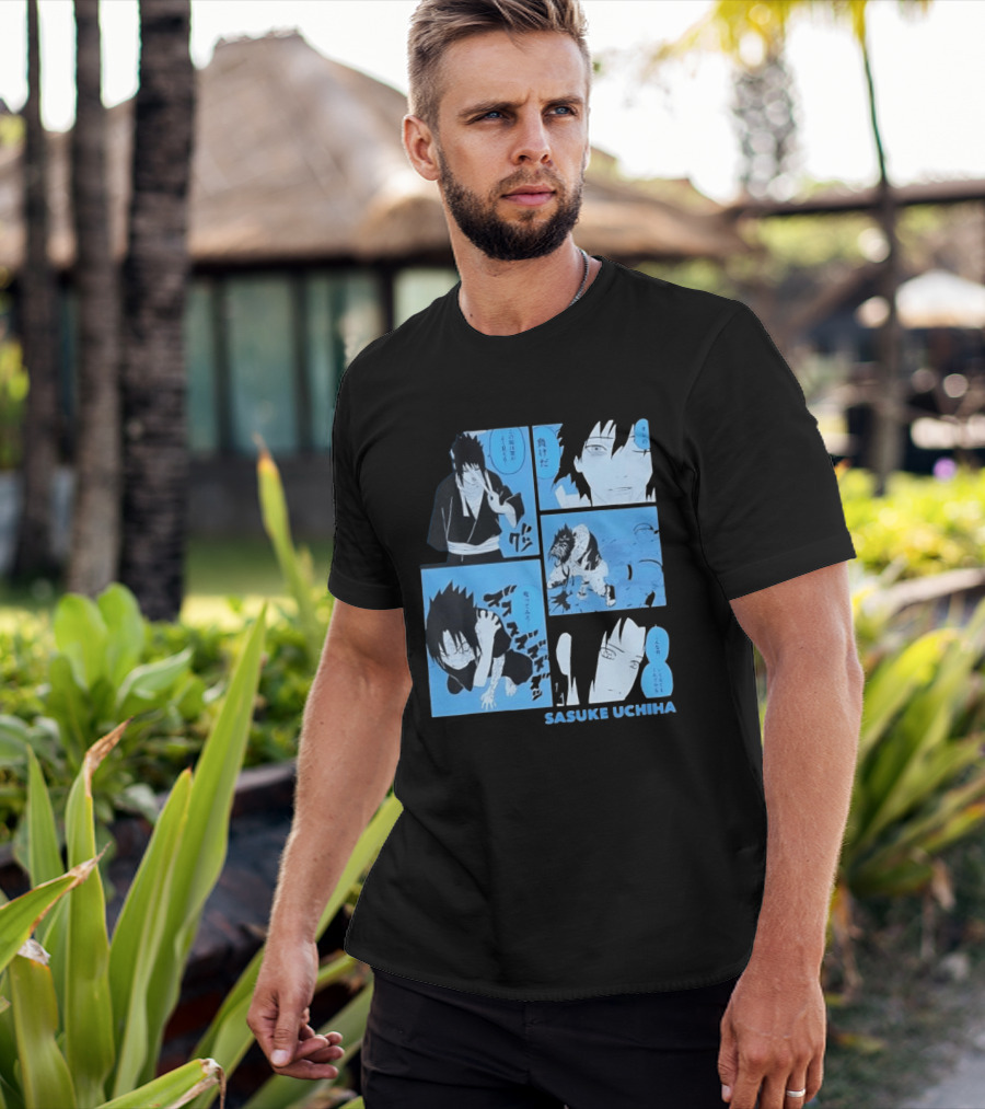 Sasuke Uchiha Cursed Seal Battle Manga Panels Blue Version T-Shirt