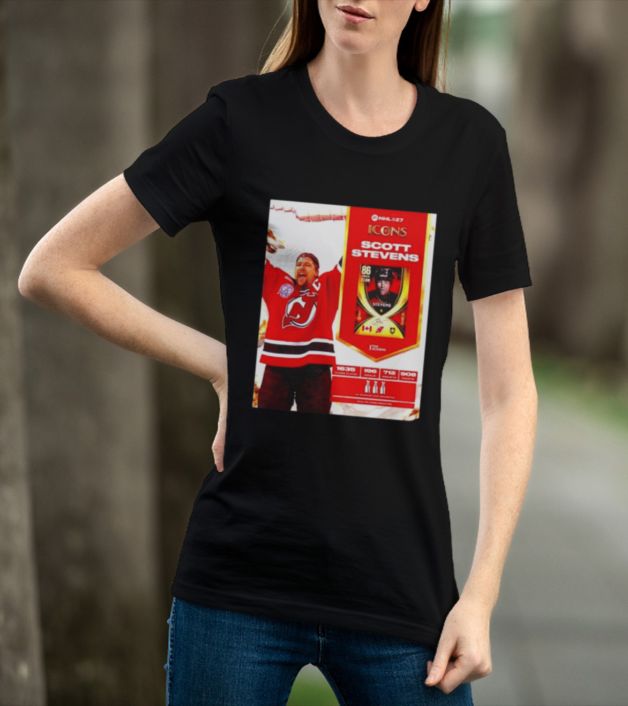 NHL 27 Icons Scott Stevens New Jersey Devils Hall Of Fame Legend T-Shirt