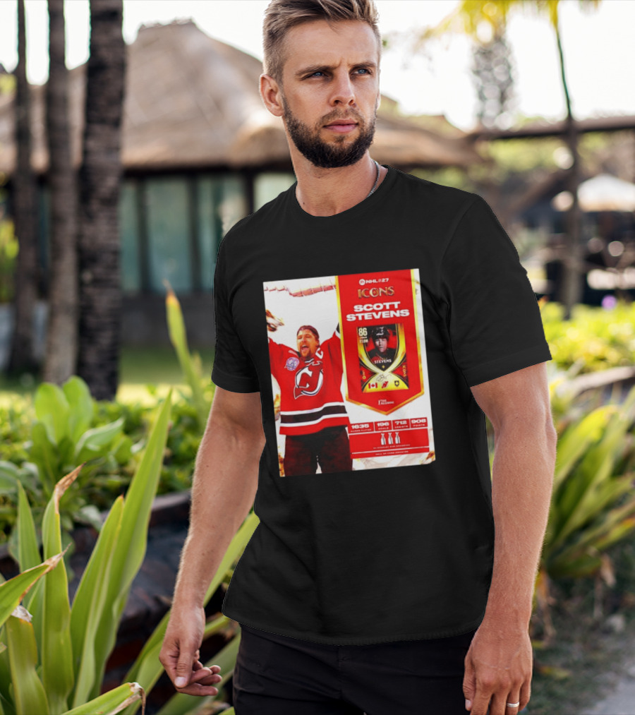 NHL 27 Icons Scott Stevens New Jersey Devils Hall Of Fame Legend T-Shirt