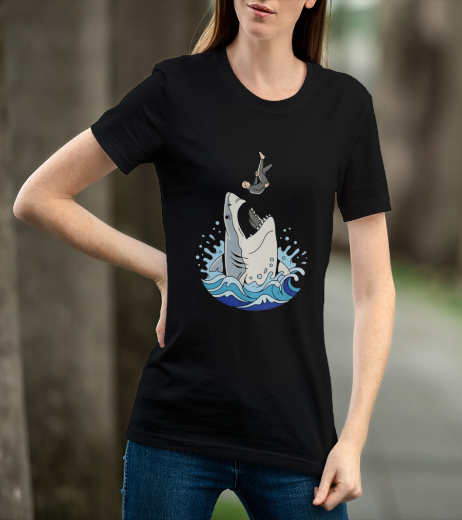 Great White Shark Surfer Falling Water Splash Scene T-Shirt