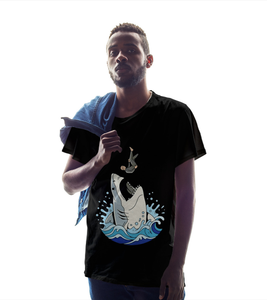 Great White Shark Surfer Falling Water Splash Scene T-Shirt
