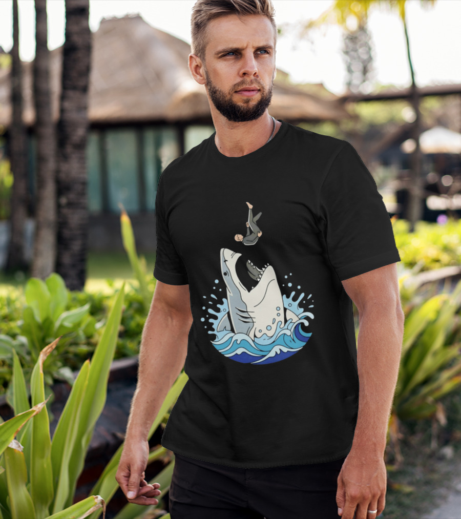 Great White Shark Surfer Falling Water Splash Scene T-Shirt