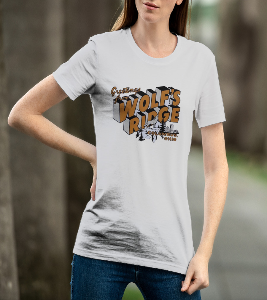 Greetings From Wolf's Ridge Columbus Ohio Wolf And Skyline Scene T-Shirt