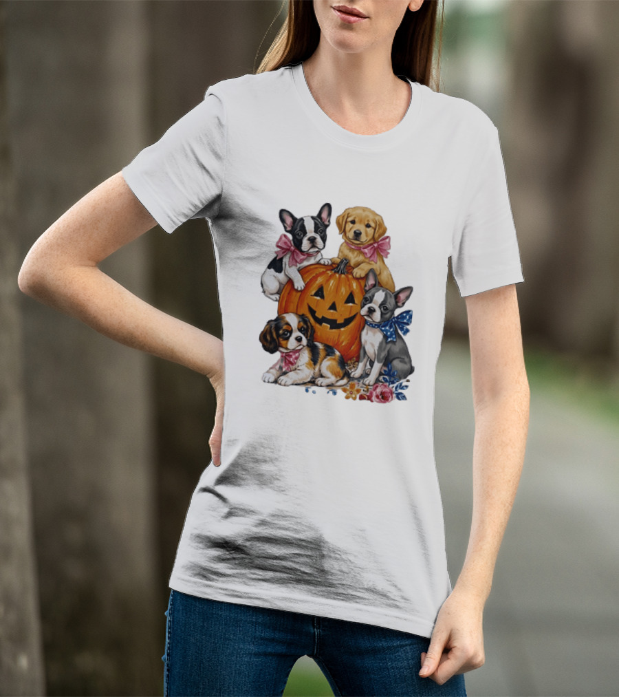 Puppies With Pink And Blue Bows Jack O' Lantern Pumpkin Halloween T-Shirt