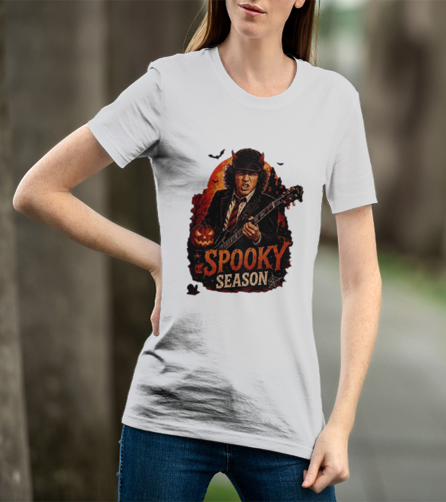 Spooky Season Angus Young Halloween AC DC Inspired Pumpkin Guitar T-Shirt