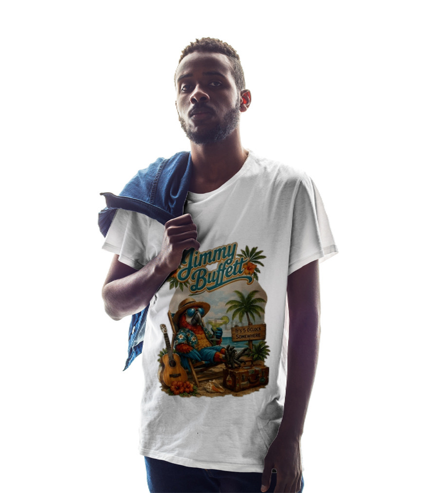 Jimmy Buffett It's 5 O' Somewhere Tropical Parrot Beach Guitar Cocktails Palm Trees T-Shirt