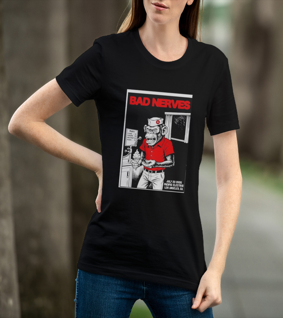 Bad Nerves July 23 2026 Pacific Electric Los Angeles Monkey Ice Cream Server Comic T-Shirt