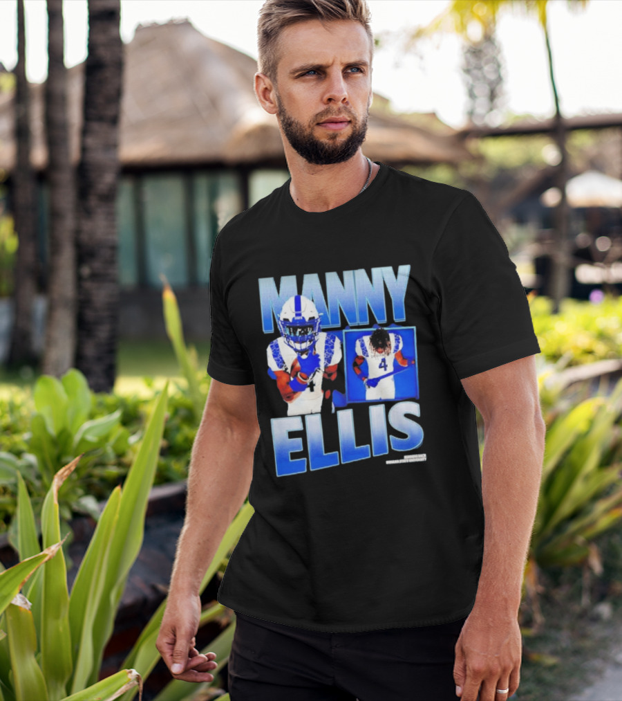 Manny Ellis Indiana State Running Back Football Jersey Number 4 Blue And White T-Shirt