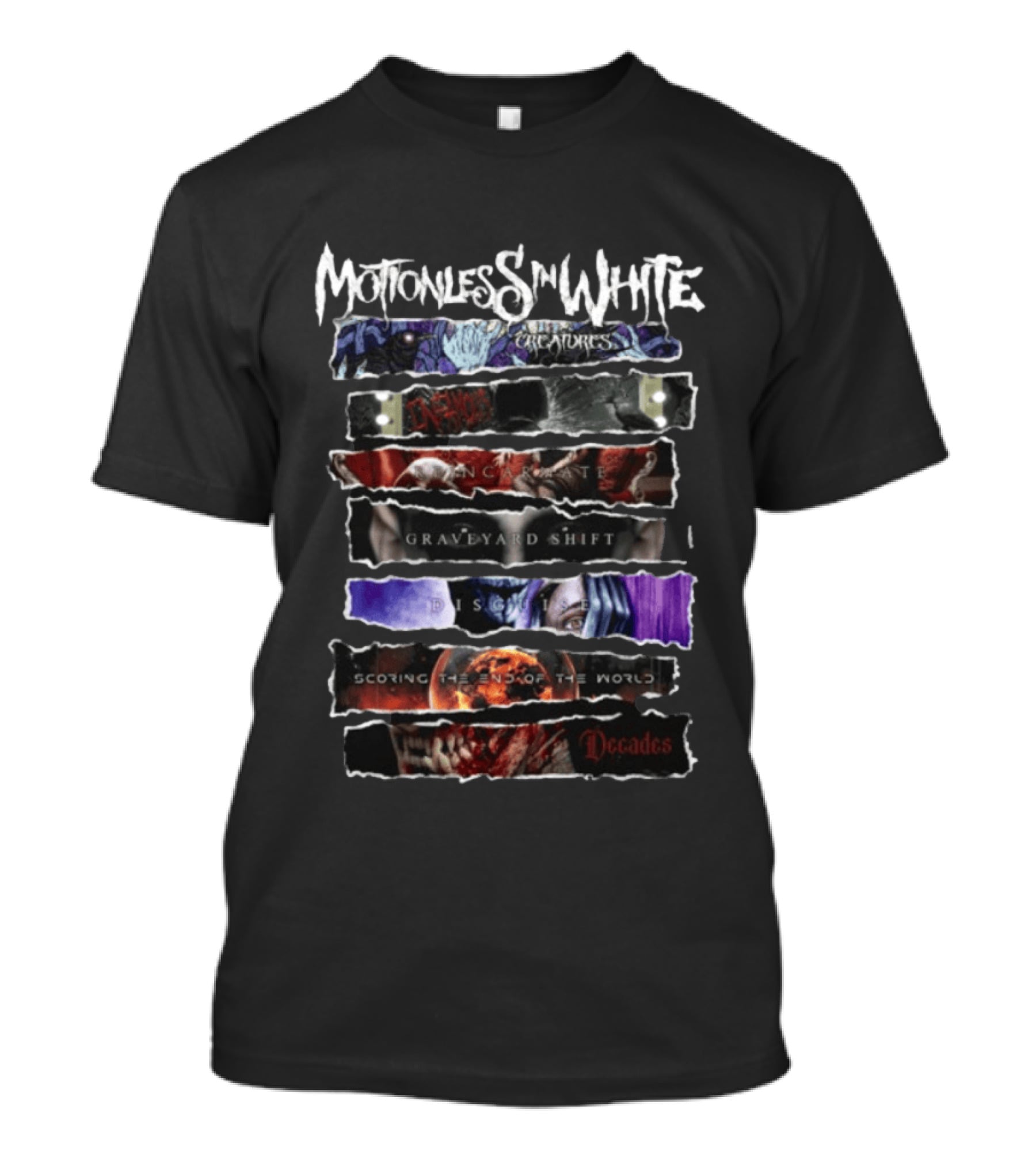 Motionless In White Creatures Infamous Reincarnate Graveyard Shift Disguise Scoring The End Of The World Decades T-Shirt