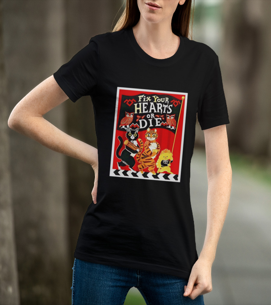 Twin Peaks Cats Fix Your Hearts Or Die David Lynch Owls Red Banner T-Shirt