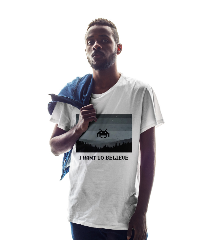 I Want To Believe Space Invader Pixel UFO Forest Scene T-Shirt