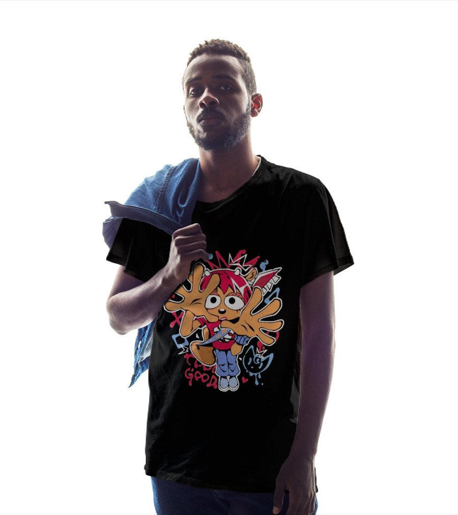 True Good Anime Distressed Graffiti Cartoon Character With Red Hair And Large Hands T-Shirt