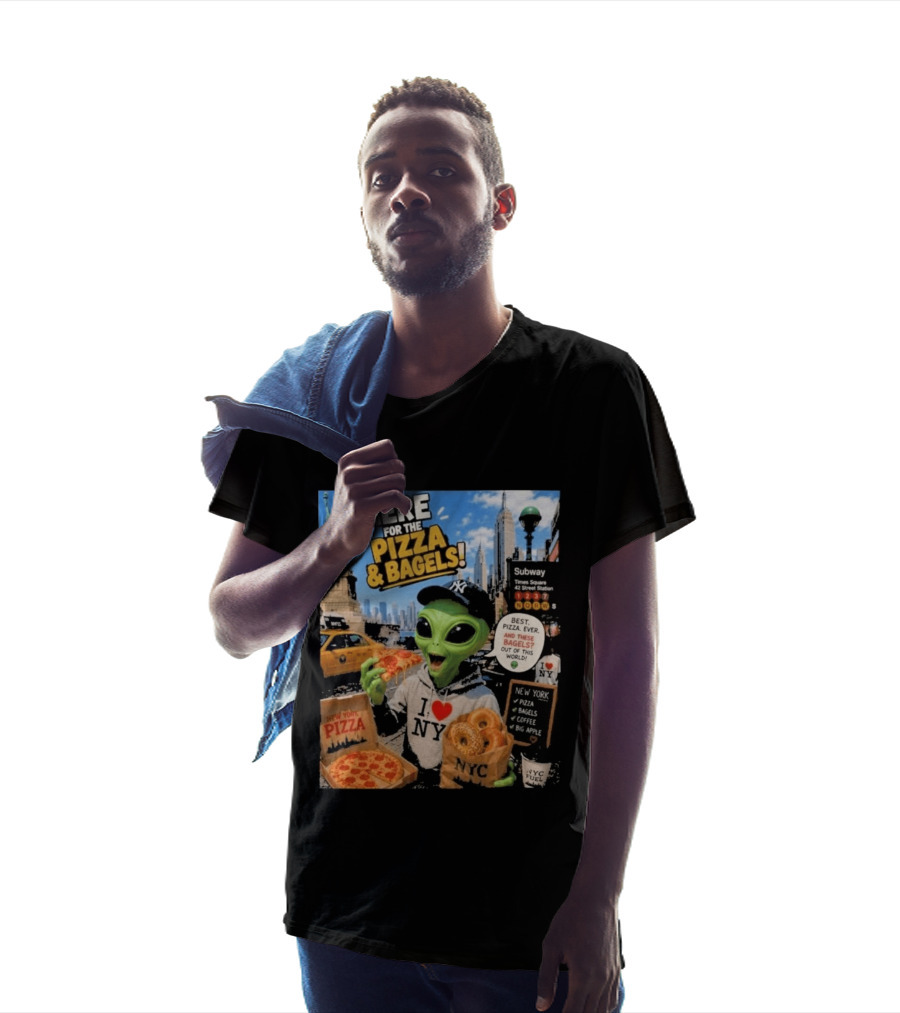 NYC Alien Loves Pizza And Bagels With Statue Of Liberty And Times Square Subway T-Shirt