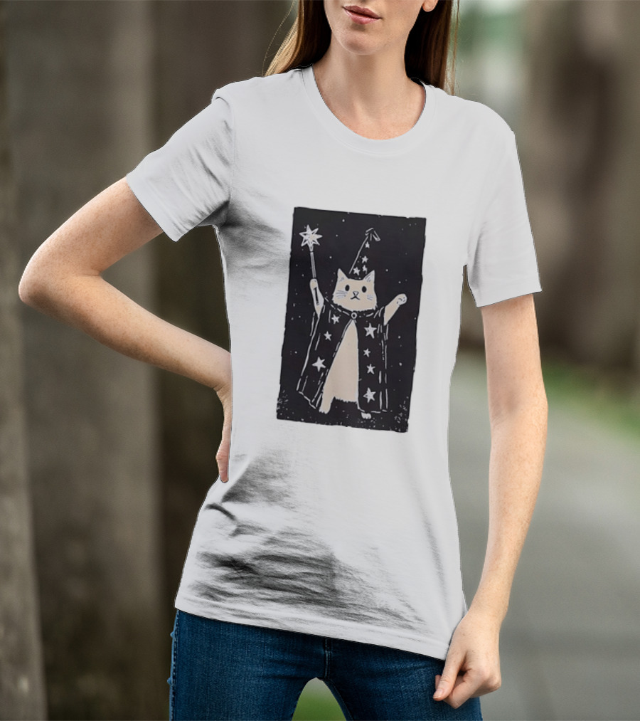 The Magician Cat Tarot Card Wizard Hat Starry Cloak Magic Wand T-Shirt