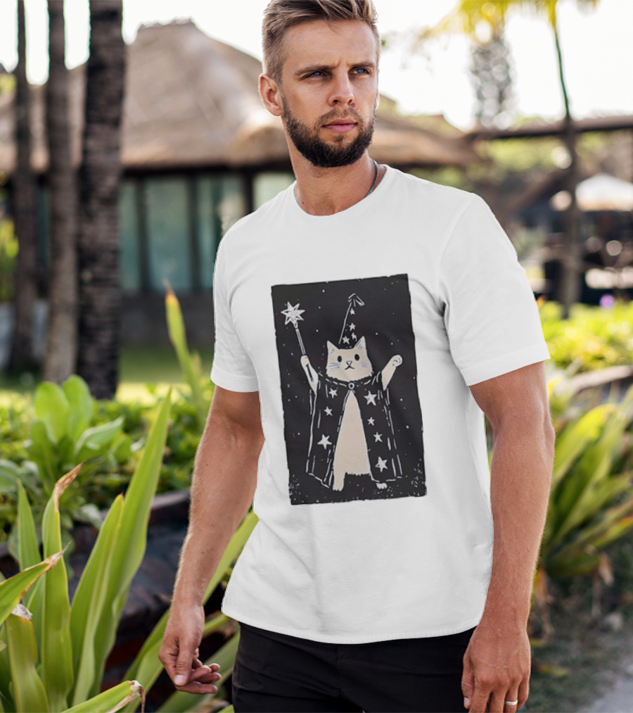 The Magician Cat Tarot Card Wizard Hat Starry Cloak Magic Wand T-Shirt