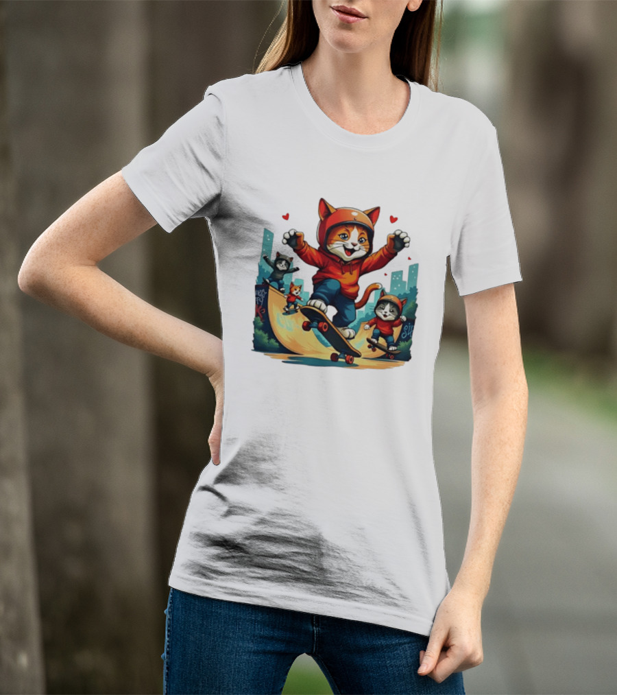Skateboarding Cats In Helmets With Hearts And Cityscape T-Shirt