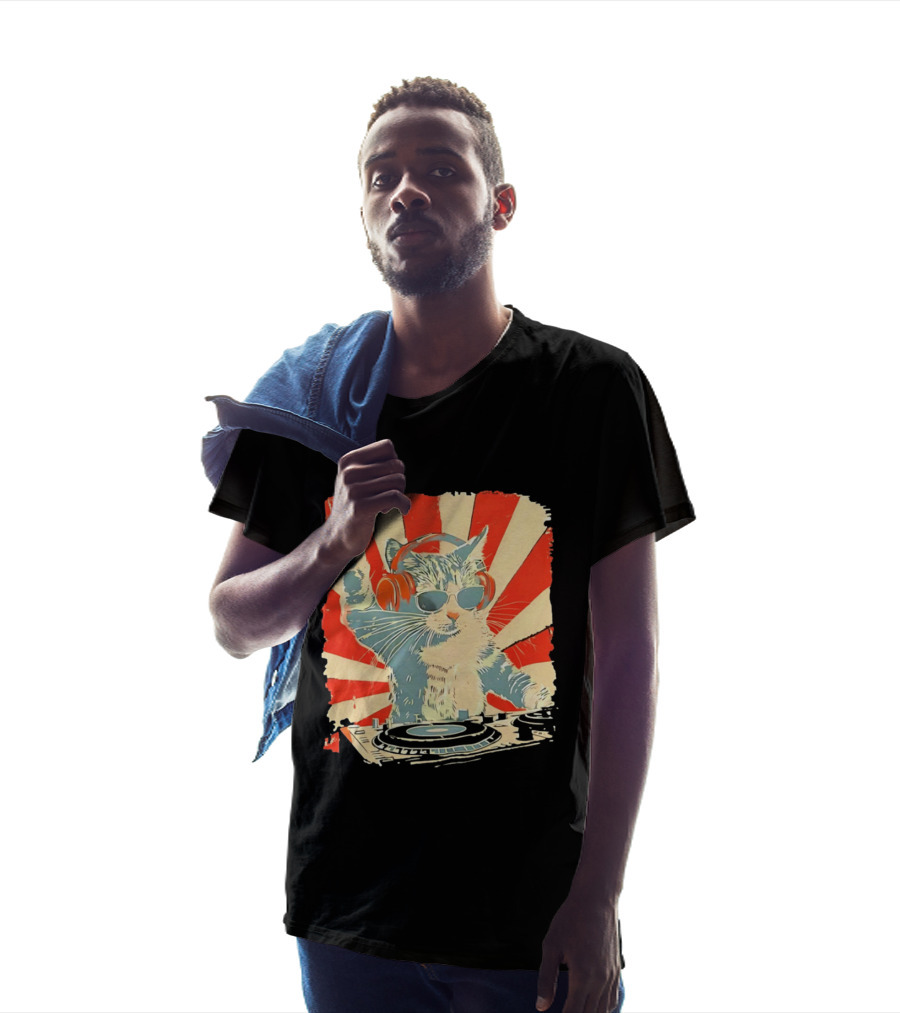 DJ Cat Headphones Sunglasses Retro Style Music Lover T-Shirt