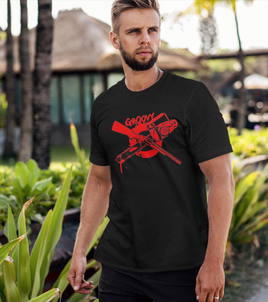 Ash Williams Evil Dead Groovy Chainsaw Shotgun T-Shirt