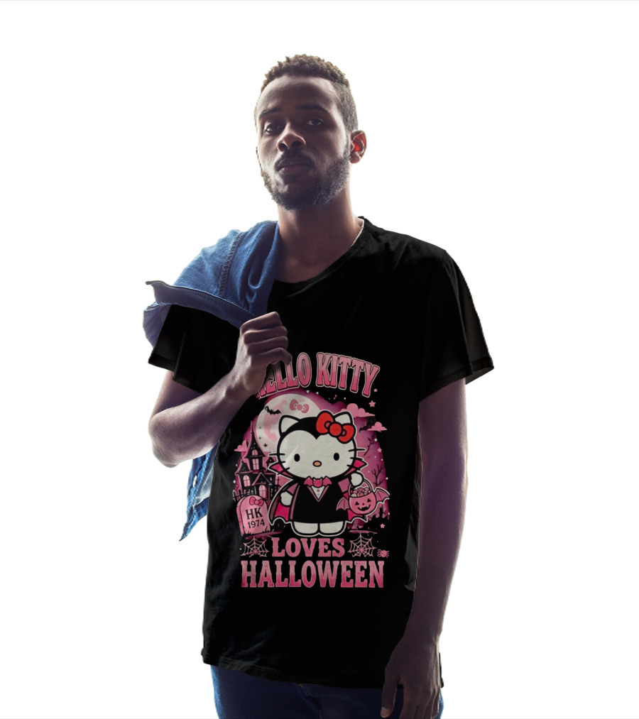 Hello Kitty Loves Halloween Vampire Costume Pink Bats And Haunted House T-Shirt