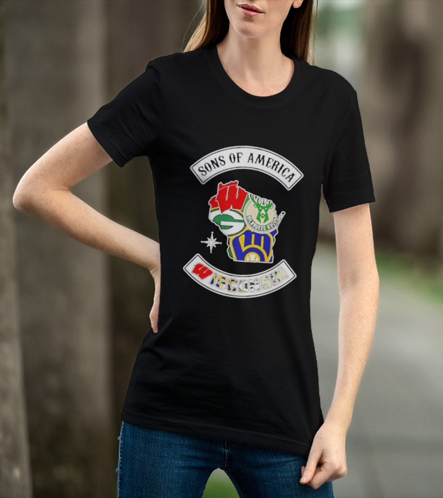 Sons Of America Wisconsin Map Milwaukee Brewers Green Bay Packers Badgers Bucks T-Shirt
