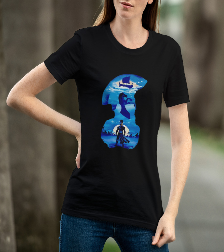Spartan Warrior With Trojan Horse And Ancient Ship In Mythical Blue Scene T-Shirt