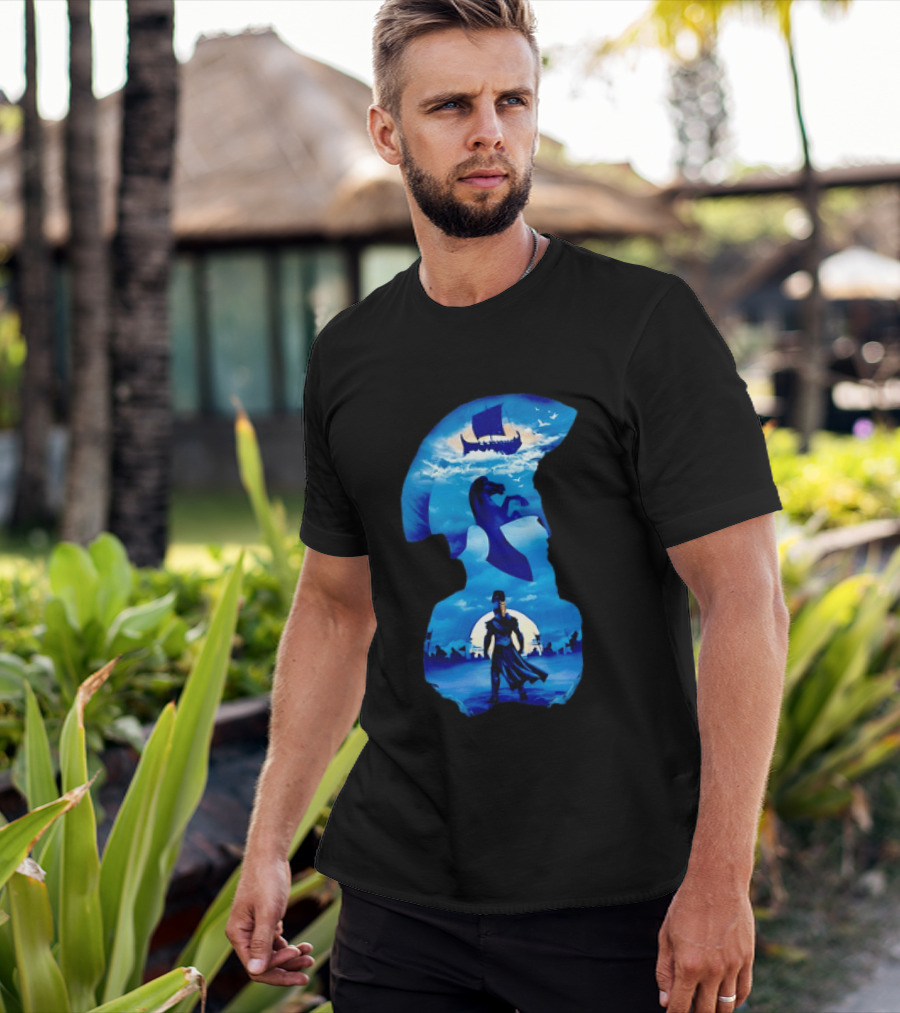 Spartan Warrior With Trojan Horse And Ancient Ship In Mythical Blue Scene T-Shirt
