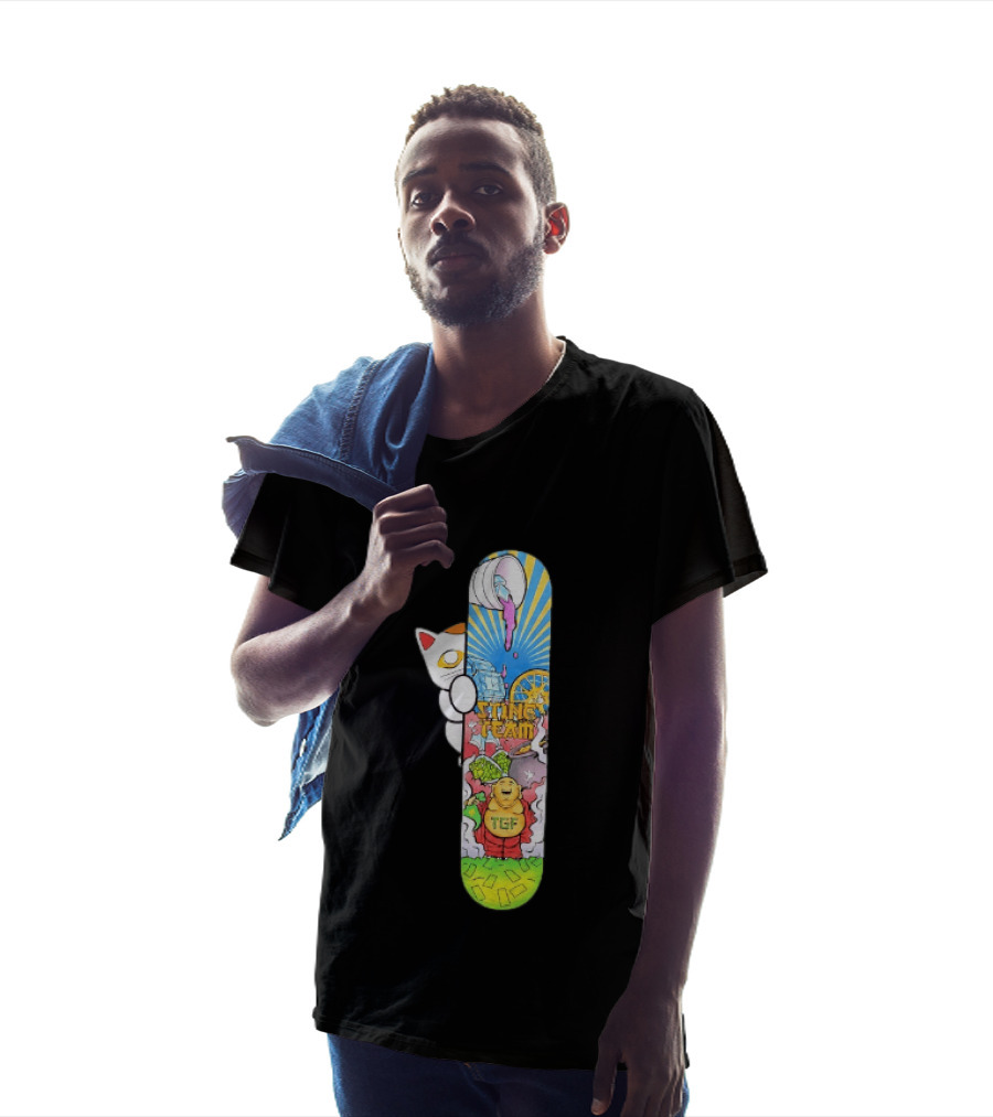 Stinc Team TGF Buddha Cat With Skateboard And Dripping Paint Aesthetic T-Shirt